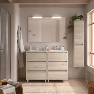 Mueble de baño Noja con 6 cajones, doble lavabo porcelánico y patas, en beige, ambientado en baño