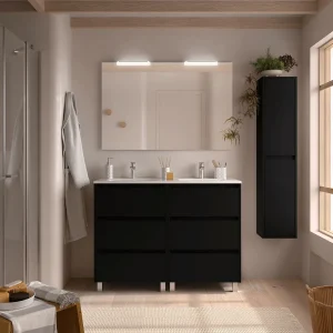 Mueble de baño Noja con 6 cajones, doble lavabo porcelánico y patas, en negro, ambientado en baño