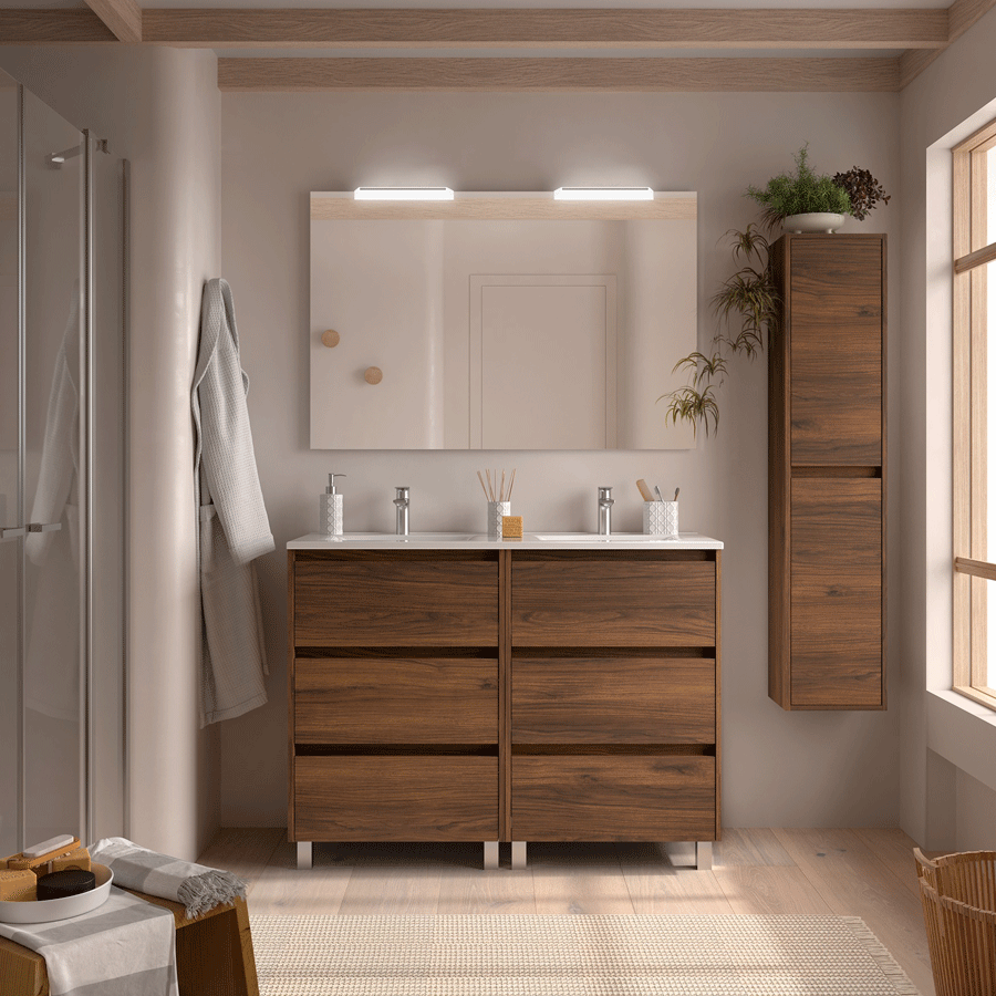 3-nogal Mueble de baño Noja con 6 cajones, doble lavabo porcelánico y patas - Imagen 1
