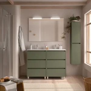 Mueble de baño Noja con 6 cajones, doble lavabo porcelánico y patas, en verde, ambientado en baño