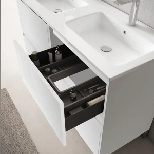 Mueble de baño Porto con patas y 2 cajones – lavabo incluido, con cajón abierto en blanco