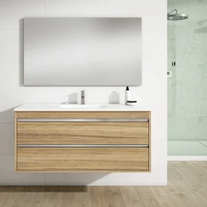 Mueble de baño Slider dos cajones suspendido con lavabo porcelánico, en madera, ambientado en baño