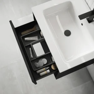 Mueble de baño suspendido Yera 120 cm con doble lavabo porcelánico, con cajón abierto en negro