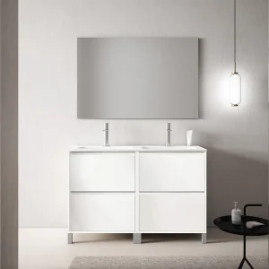 Mueble de baño Porto 4 cajones con patas y lavabo cerámico, en blanco, ambientado en baño