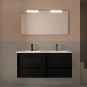 Mueble de baño Attila con 4 cajones, doble lavabo porcelánico, en negro, ambientado en baño
