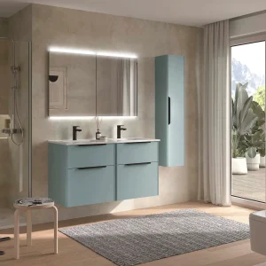Conjunto de baño Luva 120 cm con doble lavabo porcelánico y cajón XL, en azul agua con espejo iluminado