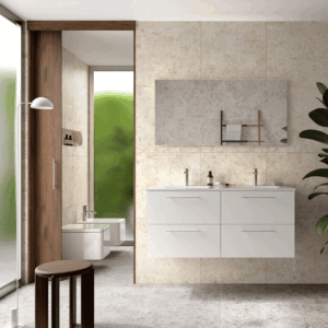 Mueble de baño suspendido Silane con 4 cajones, espejo incluido y doble lavabo porcelánico - Imagen 2
