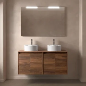 Mueble de baño suspendido Noja con tapa para lavabo sobre encimera, en madera oscura con dos lavabos sobre encimera