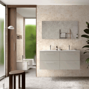 Mueble de baño suspendido Silane con 4 cajones, espejo incluido y doble lavabo porcelánico - Imagen 3