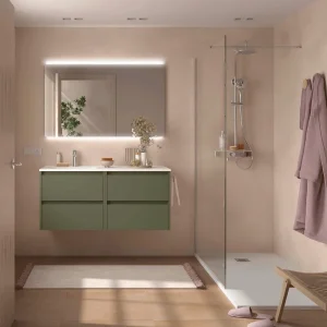 Mueble de baño de baño Noja 120 cm con 4 cajones y lavabo desplazado, en verde, ambientado en baño