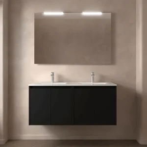 Mueble de baño suspendido Noja con doble lavabo porcelánico y 4 puertas, en negro, ambientado en baño