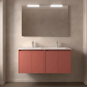 Mueble de baño suspendido Noja con doble lavabo porcelánico y 4 puertas, en rojo coral