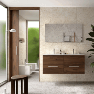 Mueble de baño suspendido Silane con 4 cajones, espejo incluido y doble lavabo porcelánico