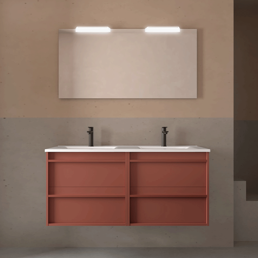 4-cajones-rojo Mueble de baño Attila con 4 cajones, doble lavabo porcelánico - Imagen 1
