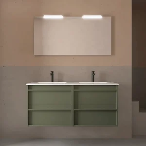 Mueble de baño Attila con 4 cajones, doble lavabo porcelánico, en verde, ambientado en baño