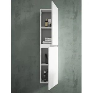 Columna de baño Porto en roble claro, en blanco, abierto con el interior visible