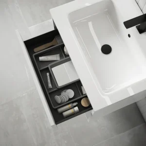 Mueble de baño suspendido Yera 120 cm con doble lavabo porcelánico, con cajón abierto en blanco