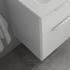 Conjunto de baño Luva 120 cm con doble lavabo porcelánico y cajón XL, detalle del acabado en blanco
