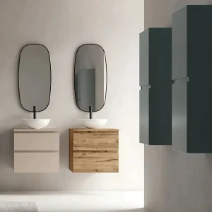 Mueble de baño Kalua suspendido con dos cajones y diseño moderno en lacado o melamina, en beige, ambientado en baño