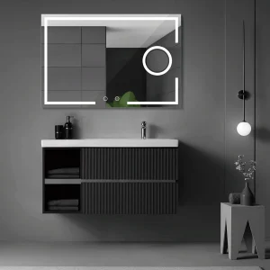Espejo de baño Malta cuadrado con luz LED Triled y espejo aumento x5, con espejo de aumento, sobre mueble negro