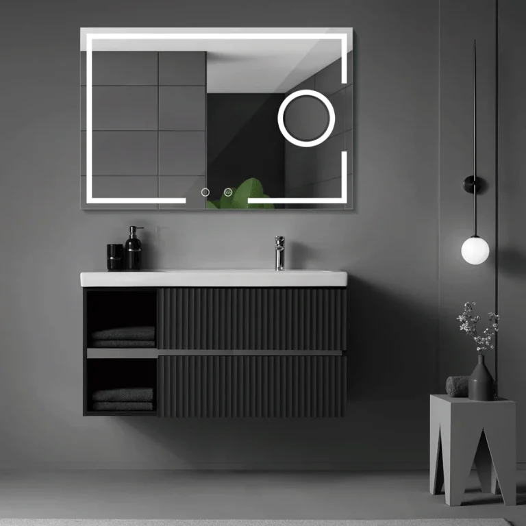Espejo de baño Malta cuadrado con luz LED Triled y espejo aumento x5, con espejo de aumento, sobre mueble negro