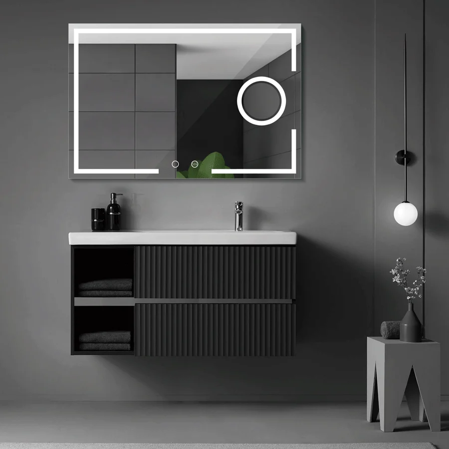 Espejo de baño Malta cuadrado con luz LED Triled y espejo aumento x5, con espejo de aumento, sobre mueble negro