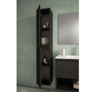 Columna de baño auxiliar 160 cm con puertas y cierre amortiguado, en negro, abierto con el interior visible
