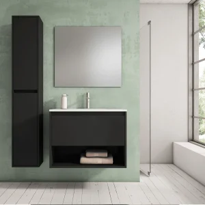 Columna de baño auxiliar 160 cm con puertas y cierre amortiguado, en negro, ambientado en baño