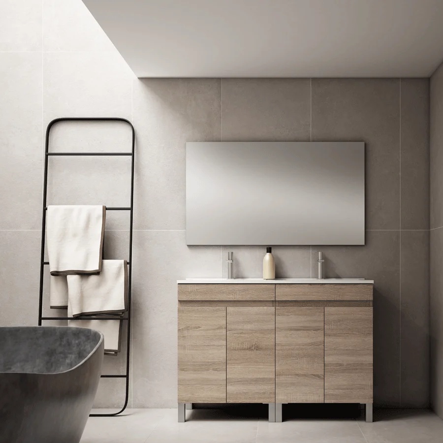 6 Mueble de baño Stephanie 120 cm con doble lavabo cerámico y 4 puertas, en madera clara con patas y espejo