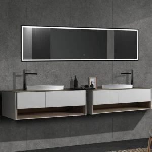 Espejo de baño New York rectangular con luz LED Triled y marco negro u oro cepillado, sobre mueble con doble lavabo
