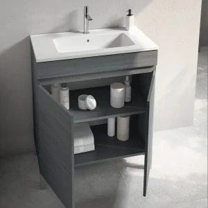Mueble de baño Stephanie 120 cm con doble lavabo cerámico y 4 puertas, en gris, abierto con el interior visible