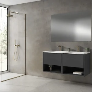 Mueble de baño suspendido Yera 120 cm con doble lavabo porcelánico, en negro con espejo