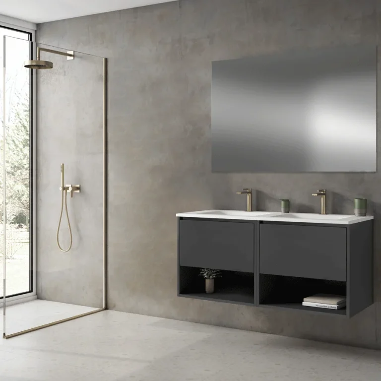 Mueble de baño suspendido Yera 120 cm con doble lavabo porcelánico, en negro con espejo