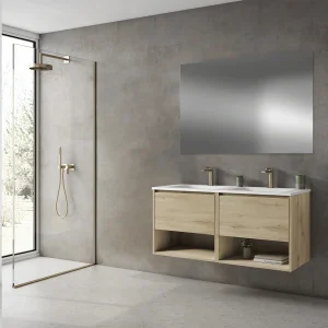 Mueble de baño suspendido Yera 120 cm con doble lavabo porcelánico, en madera, ambientado en baño