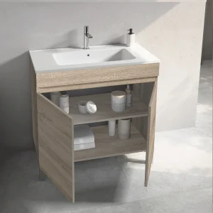 Mueble de baño Stephanie 120 cm con doble lavabo cerámico y 4 puertas, en madera, abierto con el interior visible