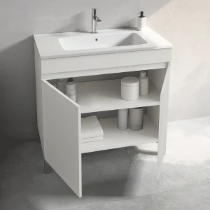 Mueble de baño Stephanie 120 cm con doble lavabo cerámico y 4 puertas, en blanco, abierto con el interior visible