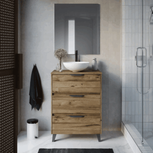 Mueble de baño Apolo con patas 3 cajones y tapa de melamina para lavabo sobre encimera