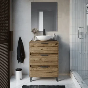 Mueble de baño Apolo con patas 3 cajones y tapa de melamina para lavabo sobre encimera, en acabado madera