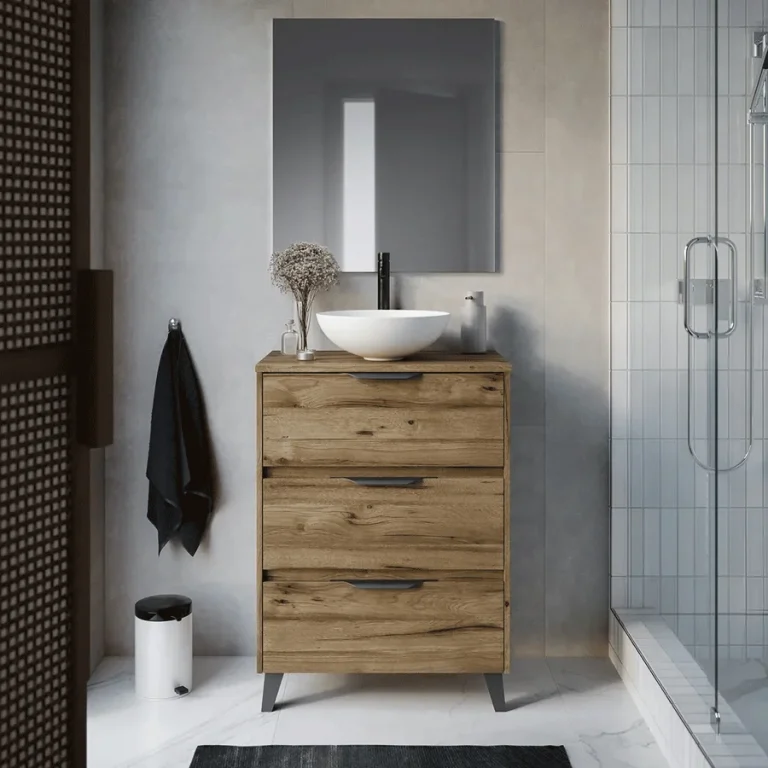 Mueble de baño Apolo con patas 3 cajones y tapa de melamina para lavabo sobre encimera, en acabado madera