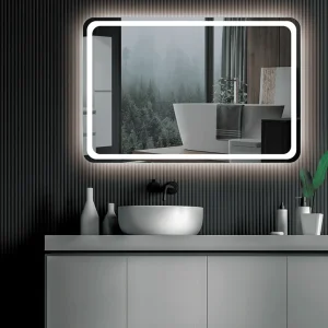 Espejo cuadrado Austria con luz LED frontal fría, sobre lavabo de sobre encimera