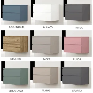 Mueble de baño Kalua suspendido con dos cajones y diseño moderno en lacado o melamina, muestrario de acabados disponibles