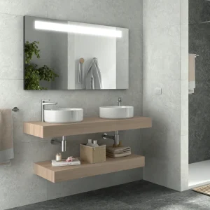 Mueble de baño Domus con encimera para lavabo sobre encimera, en madera clara, ambientado en baño