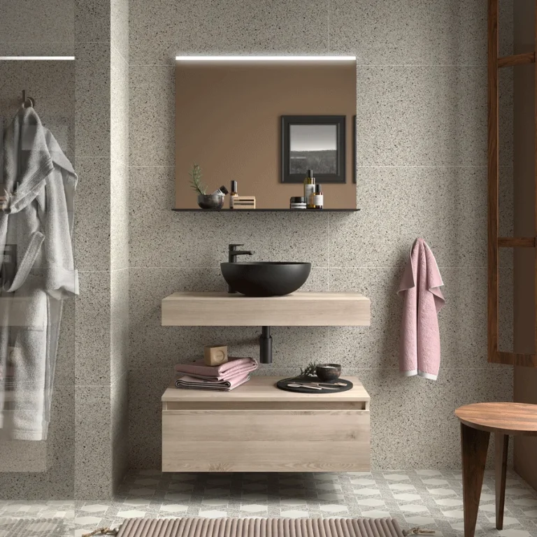 Mueble de baño Domus con encimera para lavabo sobre encimera, en madera clara con lavabo negro