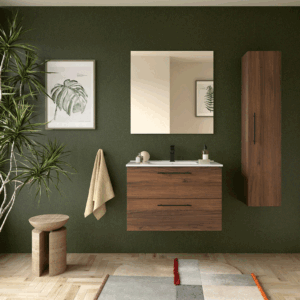 Mueble suspendido Silane dos cajones con tirador en negro mate y lavabo de porcelana