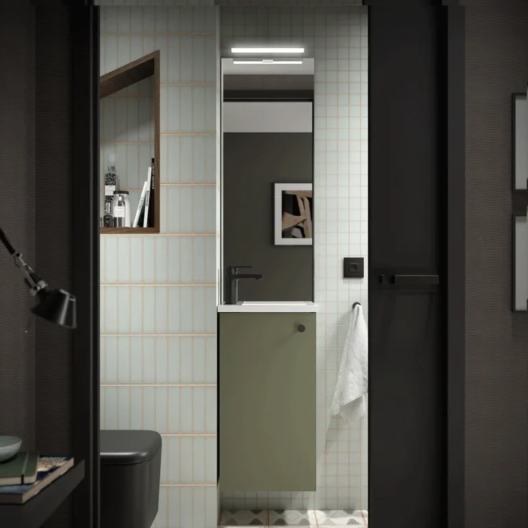 Conjunto de baño Marville con una puerta y lavabo micro de carga mineral, en verde con espejo
