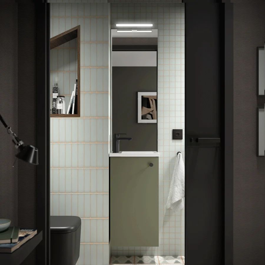 GREEN Conjunto de baño Marville con una puerta y lavabo micro de carga mineral, en verde con espejo
