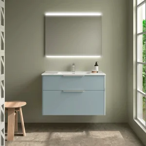 Conjunto de baño Luva con lavabo porcelánico y cajón XL, en azul agua, ambientado en baño