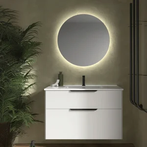Conjunto de baño Luva con lavabo porcelánico y cajón XL, en blanco, ambientado en baño