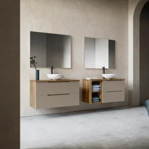 Mueble de baño Roma suspendido con 2 cajones, frontal lacado y tapa de melamina, en beige, ambientado en baño