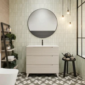 Mueble de baño Paris suspendido con 3 cajones y patas con lavabo porcelanico, en beige, ambientado en baño